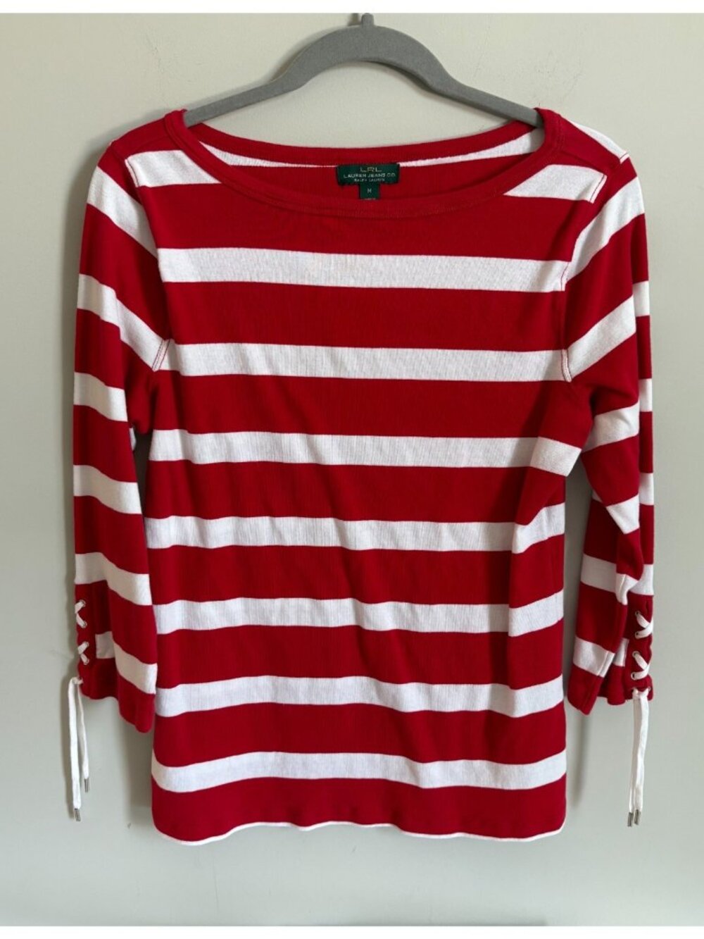 Lauren Ralph Lauren Jeans Co Size M Red White Stripe Lace-Up Sleeve Top Nautical